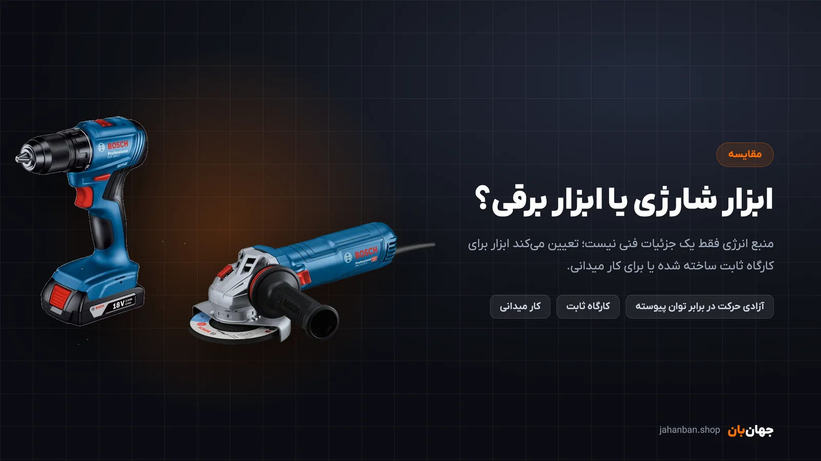 دریل شارژی هجده ولت بوش در کنار مینی فرز برقی سیمی برای مقایسه ابزار شارژی و ابزار برقی