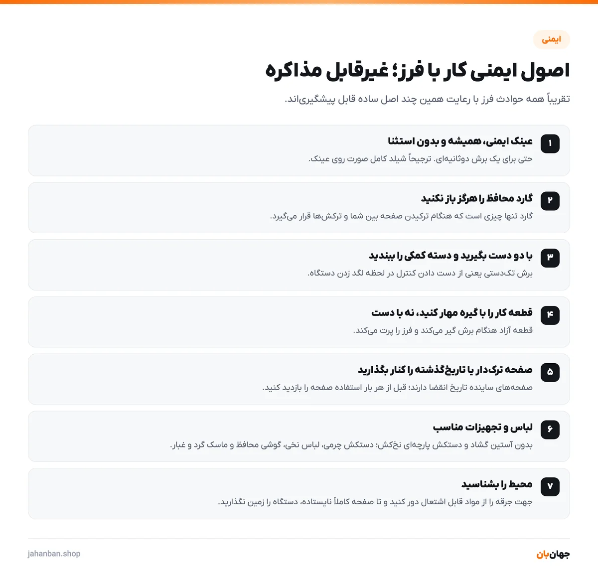 هفت اصل ایمنی کار با فرز زاویهای شامل عینک ایمنی، گارد محافظ، گرفتن با دو دست و مهار قطعه کار با گیره